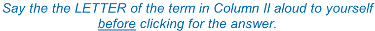 Say the the LETTER of the term in Column II aloud to yourself  before clicking for the answer.